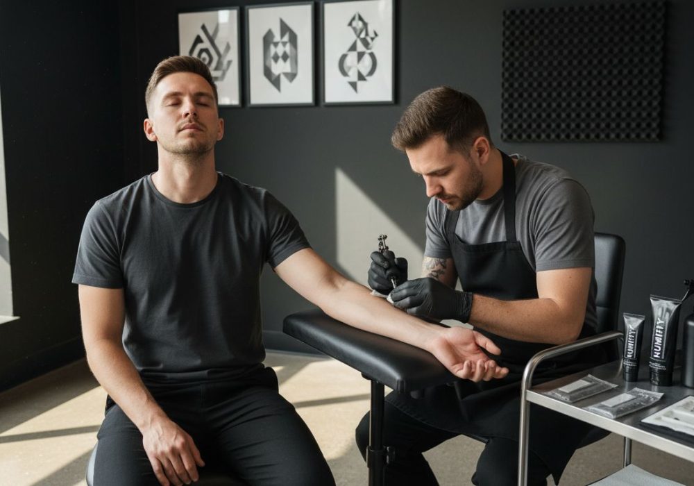 Relaxed client in tattoo studio with pain relief focus