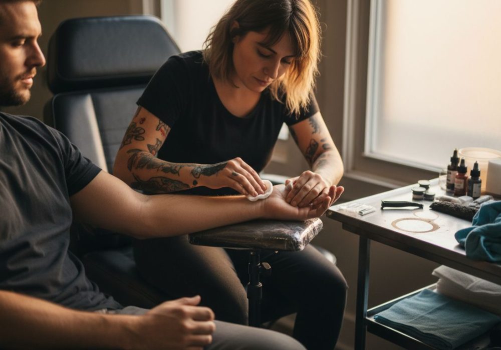 Tattoo artist preparing client skin for anesthetic