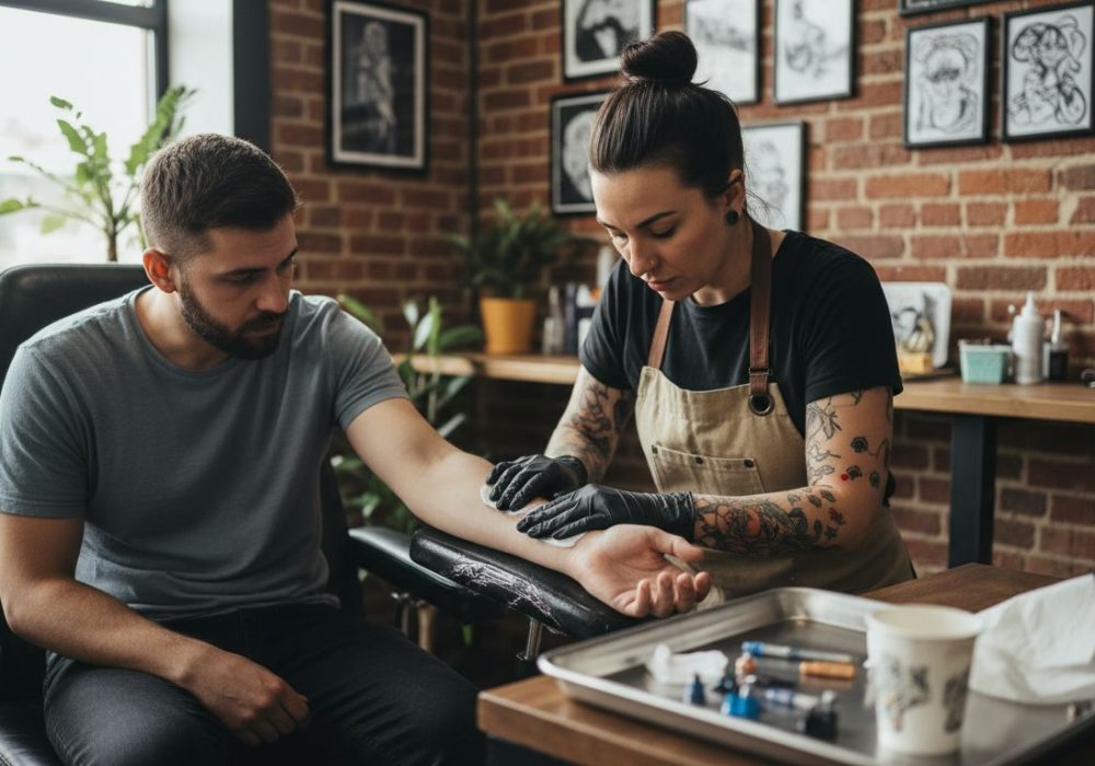 Tattoo artist applying anesthetic before tattoo