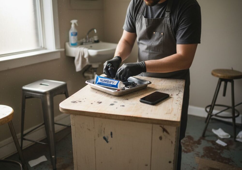 Tattoo artist preparing anesthetic and equipment
