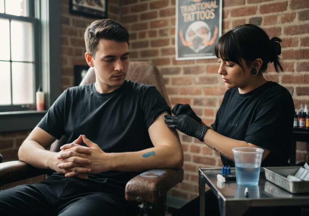 First-time client in tattoo studio chair