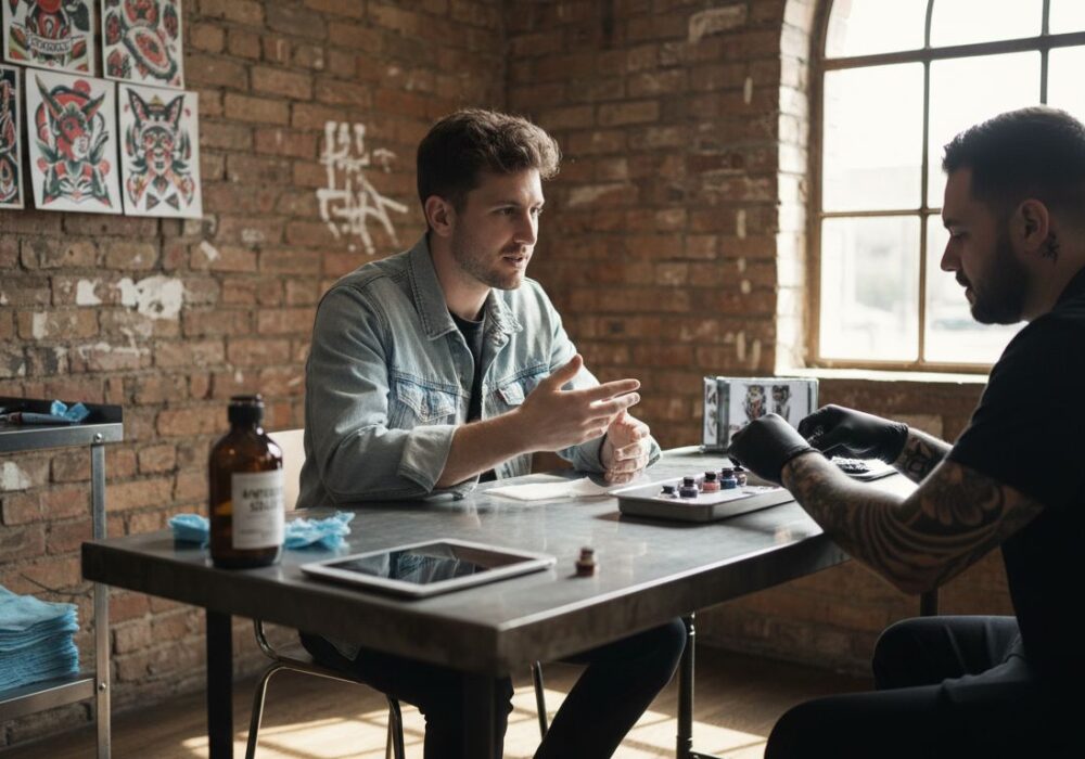 Client and tattoo artist prepare workspace