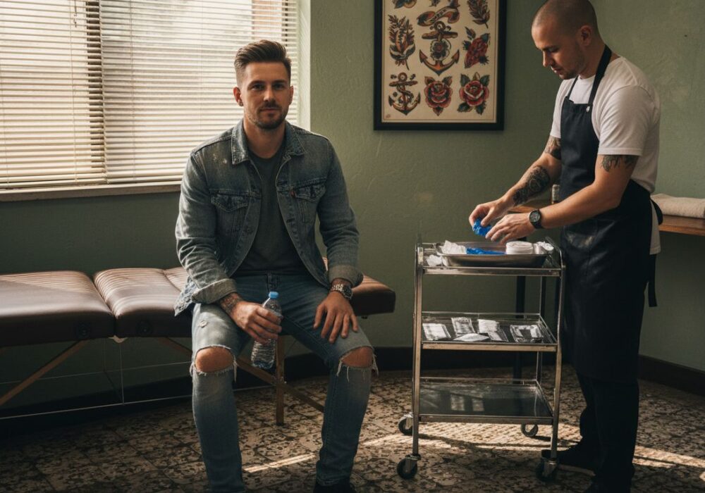 Client in tattoo studio preparing for session