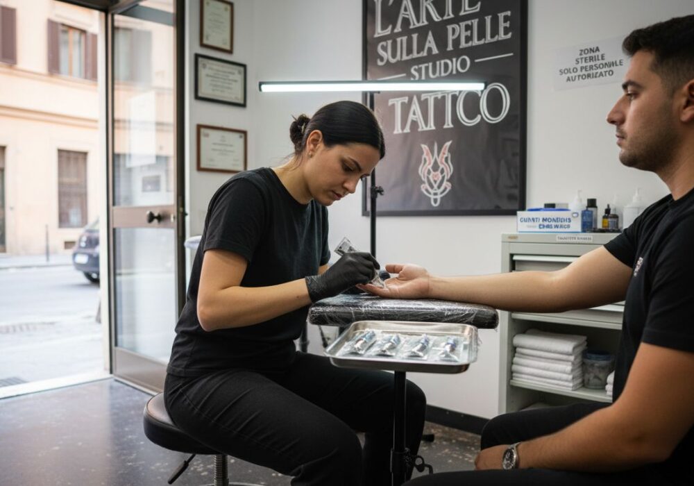 Il tatuatore stende la crema anestetica sulla pelle prima di iniziare il lavoro