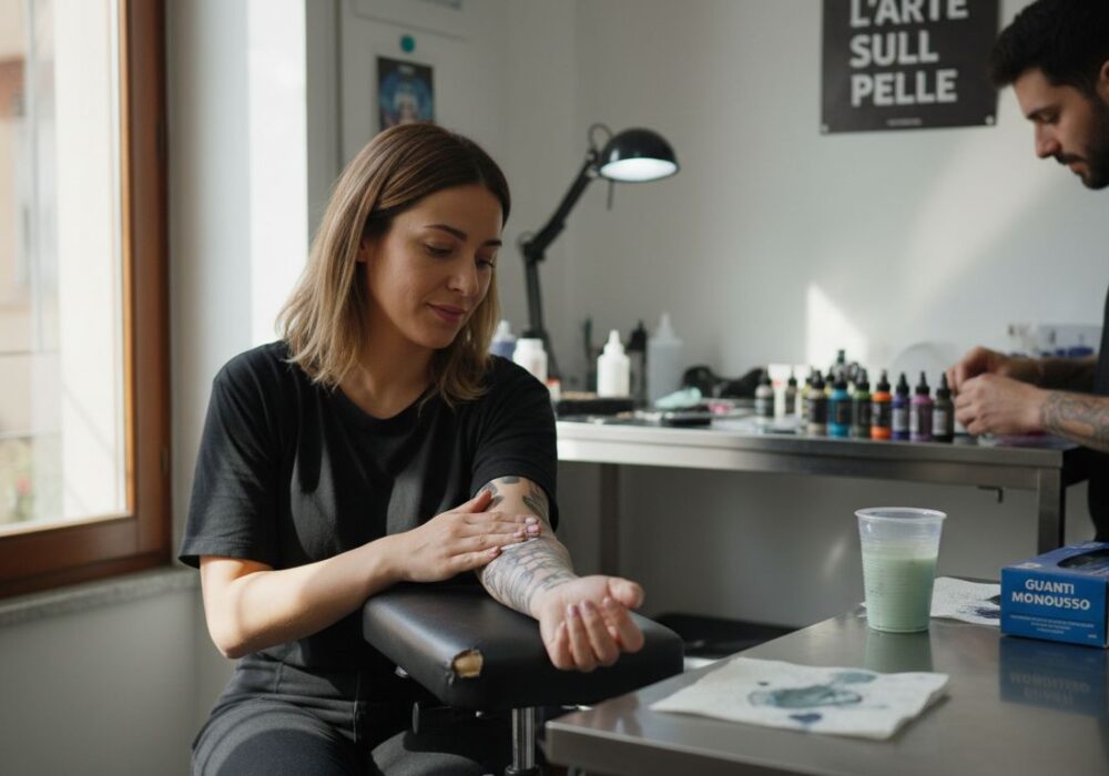Cliente che applica la crema sulla pelle prima di iniziare la sessione di tatuaggio.