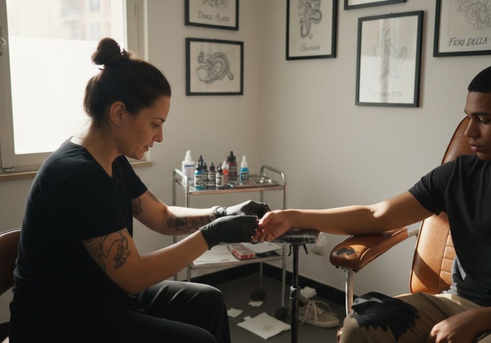 Il tatuatore discute con il cliente per valutare il tipo di pelle prima di procedere.