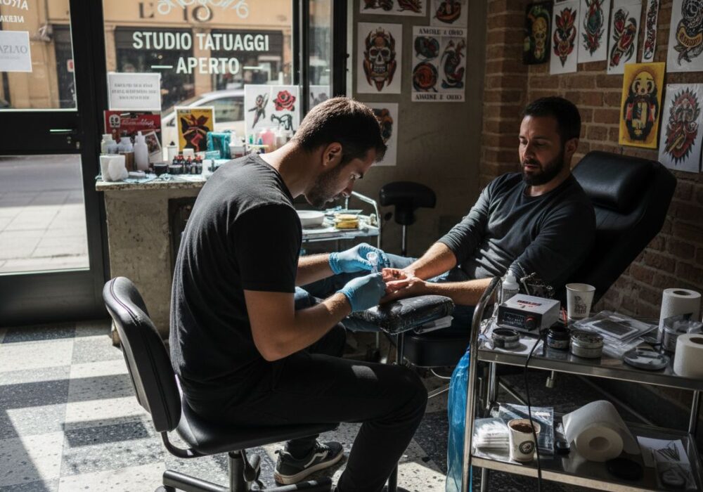 Il tatuatore applica l’anestetico sul braccio del cliente per prepararlo alla sessione.