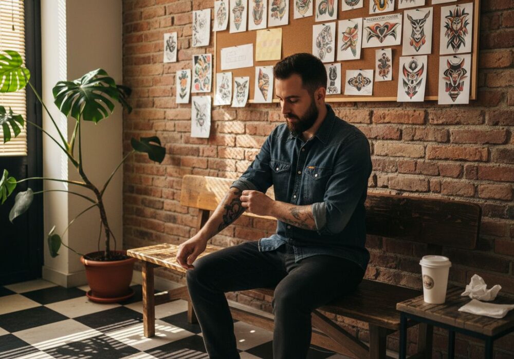 Un uomo osserva attentamente il proprio avambraccio mentre riflette sull’idea di farsi un tatuaggio.