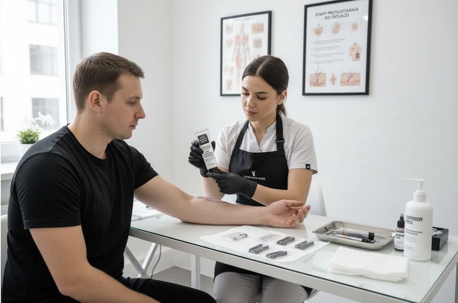 procedura di applicazione della crema prima del tatuaggio